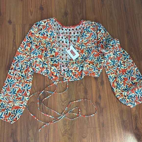 NWT Solid & Striped The Murphy eyelet orange yellow cropped top wrap around size - Picture 2 of 5